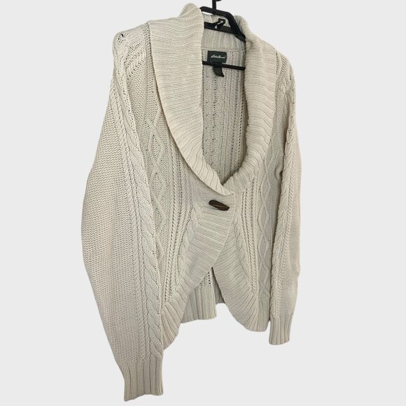 Eddie Bauer Chunky Cable-Knit Cardigan Sweater Cream Women's Size Large Tall - Picture 3 of 13
